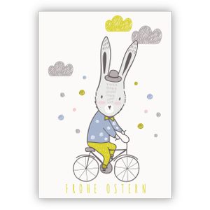 4x Nette Osterkarte mit Osterhase auf Fahrrad: Frohe Ostern