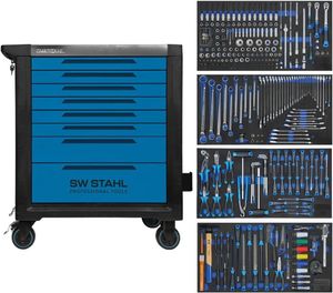 SW-Stahl Z3211 Profi Werkstattwagen TT802 blau I 8 Schubladen I 4 Schubladen gefüllt I 338 teilig I Werkstatt Rollwagen mit Werkzeug bestückt I Twin-Lock I Werkstattwagen kit I voll ausgestattet