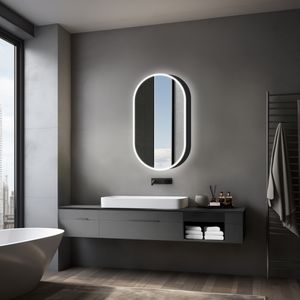 Spiegelschrank mit Beleuchtung Talos Oval Vento 45x80 cm schwarz - Spiegelschrank Bad mit 2 Ablageflächen - Aluminium - Rückwand verspiegelt Spiegelschrank mit Beleuchtung Talos Oval Vento 45x80 cm schwarz - Spiegelschrank Bad mit 2 Ablageflächen - Aluminium - Rückwand verspiegelt