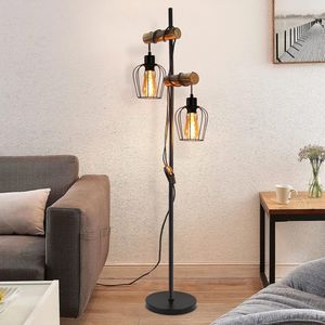 ZMH Vintage Stehlampe Wohnzimmer 2 flammige Holz Retro Standleuchte im Industrial Design aus Metall und Holz  Schwarz  E27 - ohne Leuchtmittel