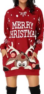 ASKSA Weihnachtskleid Damen Kapuzenkleid Weihnachtspullover Weihnachts Sweatshirt, Rot, L