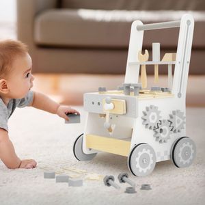 Joyz detské chodítko pre deti, sivé, vyrobené z dreva, detské chodítko od 1 roka, Montessori drevená hračka, chodítko s gumovými pneumatikami, batoľa na hranie a chodenie, chodítko na pracovnom stole