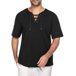 Herren Baumwolle Leinen V-Ausschnitt Kurzarm Tops Lässige Lose T-Shirts Bluse Pullover,Farbe: Schwarz,Größe:L