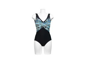 Pacific Fashion Badeanzug  Multicolor schwarz-türkis , platzierter Print am gerafften Dekolleté  30390, Größe 42 D