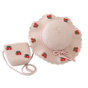 Cherry Decor Spitzenbesatz Hut mit breiter Krempe, Taschenset für Babys, atmungsaktiver Strohhut, Handtasche, Kleidungszubehör, Rosa