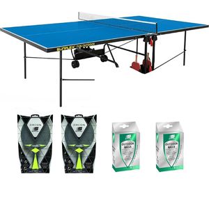 Tischtennisplatte Outdoor blau + Netz + Tischtennisschläger + Tischtennisbälle
