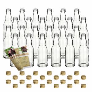gouveo Glasflaschen 200 ml mit Deckel - Kleine Flasche im Kropfhals-Design mit Rezeptbroschüre, Farbe:24 Stück - transparent/goldfarben