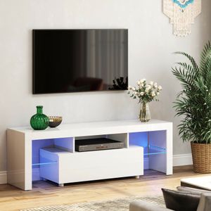 VASAGLE TV-Schrank mit LED Lowboard bis 60 Zoll Fernsehtisch 140 x 35 x 45 cm Fernsehschrank glänzend weiß LTV14WT