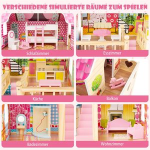 COSTWAY Puppenhaus aus Holz, Puppenstube mit 3 Etagen & 15 Möbel & 6 Zimmern, Traumhaus für Mädchen, Puppenvilla Dollhouse Spielzeug für Mädchen ab 3 Jahren