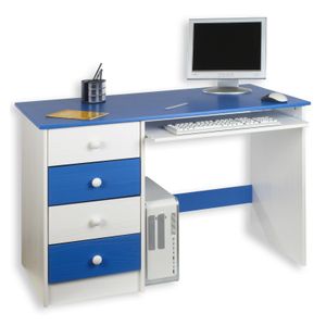 Kinderschreibtisch Schülerschreibtisch MALTE Schreibtisch  mit Tastaturauszug und 4 Schubladen, Kiefer massiv weiß/blau lackiert