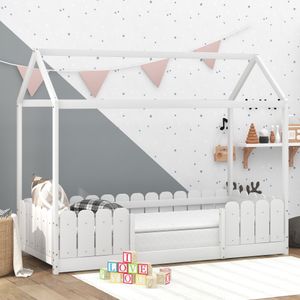 Merax detská posteľ 90x200 cm s ochranou proti vypadnutiu a lamelovým rámom, posteľ na hranie s domčekom, detská postieľka z borovicového dreva, biela