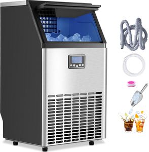 VEVOR komerční výrobník ledu (45,36 kg/den) s kapacitou 14,97 kg, 45 kostek ledu za 15 minut, s digitálním LED displejem a 2 způsoby přidávání vody, pro barové restaurace