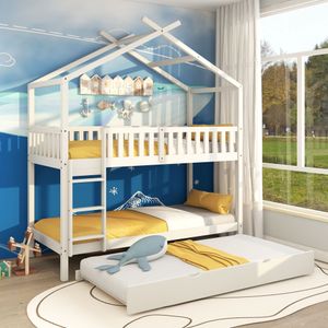 Flieks Poschodová posteľ 90x200cm s lamelovým rámom, podkrovná posteľ s rebríkom, detská posteľ Domček s podnožkou, posuvná posteľ Výsuvná posteľ Borovica 3 ležiace plochy