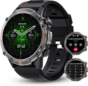 Fur Herren mit Telefonfunktion, AMOLED Runde Militärische Robuste Fitnessuhr mit Schrittzähler, Outdoor Sportuhr, 60 Tage Extra Lange Wasserdicht