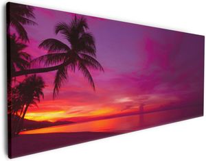 Wallario Premium Leinwandbild Abendrot unter Palmen - pinker Himmel am Strand in Größe 80 x 200 cm