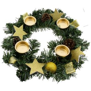 Adventskranz fertig dekoriert mit Schleifen, Sternen und Tannenzweige, inkl. 4 Teelichter - Ø 30 cm goldfarben - Künstliche Adventsrkränze dekoriert