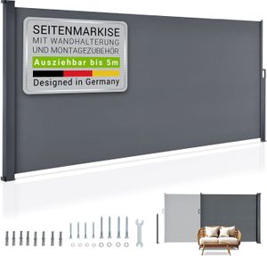 Juskys Seitenmarkise Dubai 500 x 200 cm ausziehbar blickdicht, Sichtschutz für Balkon & Terrasse, Seitenrollo Wandhalterung - anthrazit Juskys Seitenmarkise Dubai 500 x 200 cm ausziehbar blickdicht, Sichtschutz für Balkon & Terrasse, Seitenrollo Wandhalterung - anthrazit
