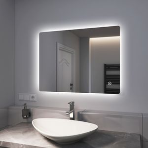 EMKE LED Badspiegel 80x60 cm Durchmesser LED Spiegel Badezimmerspiegel mit Beleuchtung 3 Lichtfarbe 3000-6400K Kaltweiß Neutral Warmweiß Dimmbar Lichtspiegel mit Touchschalter IP44 Energiesparend