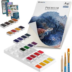 Aquarellpapier DIN A4 + Premium Aquarellfarben Set [ zum Vorteilspreis ] unschlagbare Kombination aus leuchtenden und stark pigmentierten Wasserfarben & unserem Aquarellpapier A4