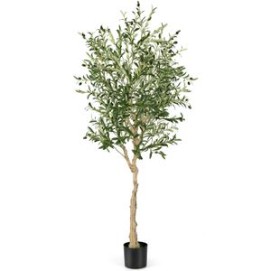 COSTWAY 1 umelý olivovník, 182 cm umelá rastlina v cementovom kvetináči s prírodnými listami a 72 plodmi, umelé stromy do kancelárie, domácnosti