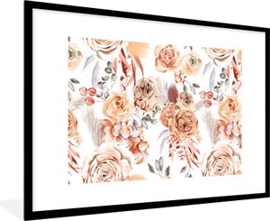 MuchoWow® Gerahmtes Poster Rosen - Boho - Muster 90x60 cm - Poster mit Schwarzem Bilderrahmen Wandposter Rahmen Foto Bilder - Wanddekoration - Fotos