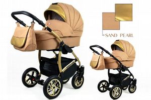 Kinderwagen Gold Lux Alu Sand Pearl,3in1- Set Wanne Buggy Babyschale Autositz mit Zubehör
