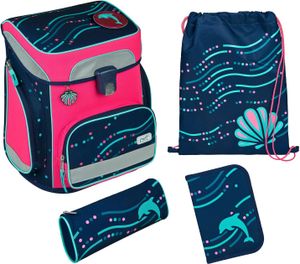 Scooli EasyFit Schulranzen-Set 5-teilig Glow Edition Dotty Dolphin dunkelblau