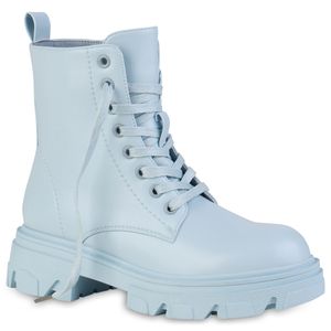 VAN HILL Damen Plateau Boots Stiefeletten Profil-Sohle Schnür-Schuhe 836618, Farbe: Hellblau, Größe: 37