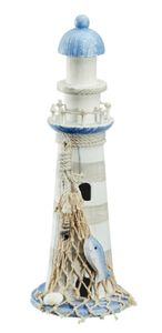 Leuchtturm Holz blau weiß Deko m. Muscheln & Netz Dekoration Strand Meer Maritim Höhe 30 cm, blau-weiß