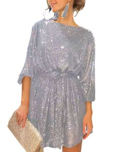 Damen Abendkleider Glänzend Ballkleider mit Gürtel Minikleid Elegante Cocktail Kleid Silber grau,Größe L