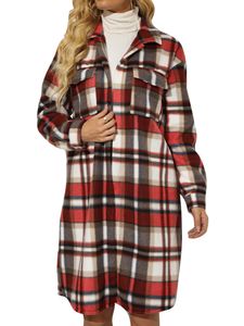 Frauen Karierte Trenchcoat Winter Warme Lange Ärmel Outwear Open Vorne Taschenjacke,Farbe:Rot,Größe:M