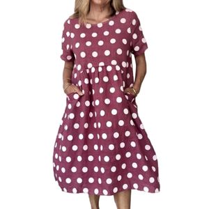Frauen Casual Dots Print Taschen Large Hem Midi Kleid—rot,Asiatische Größe:L