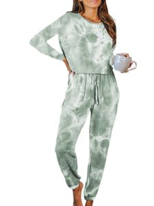 Hausanzüge Damen PJS Lounge Set Home Clothy Krawatte Dye Pyjamas Sets Zwei Stücke Outfits Crew Neck Nachtwäsche ,Farbe: Grün ,Größe: M