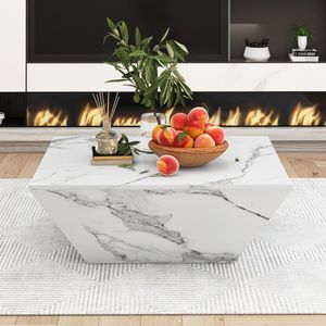 Merax Couchtisch hochglanz marmoroptik Wohnzimmertisch mit 2 Schubladen, Trapezförmig Design, Beistelltisch aus Holz, Weiß