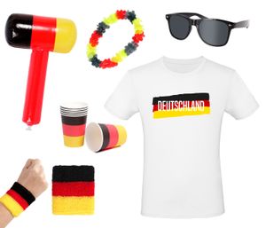 Fanpaket Deutschland Sonnenbrille, T-Shirt, Hammer,  Hawaiikette, Becher und Schweißband , Größe wählen:XL