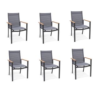NATERIAL - 6er Set Gartenstühle DORA mit Armlehnen - Gartensessel - Stapelbar - Recycelter Kunststoff - Aluminium - Eukalyptusholz - Dunkelgrau