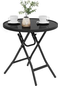 EUGAD Klapptisch, Beistelltisch klappbar, Campingtisch Gartentisch Bistrotisch, mit Metallrahmen, runde Tischplatte aus gehärtetem Glas, Schwarz, 46x47,5 cm