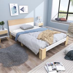 Flieks ložnicový set 3 kusy, masivní dřevěná postel 90x200 cm s roštovým rámem a 2 nočními stolky, dřevěná postel do ložnice, jednolůžko