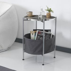 Odkládací stolek Suonenjoki s úložným košíkem Konferenční stolek Pohovka s úložným prostorem Noční stolek kulatý 59x47cm Stříbrná barva / mramorový vzhled Bílá barva