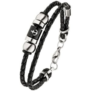 JOBO Armband Anker 2-reihig Leder geflochten mit Edelstahl 21 cm