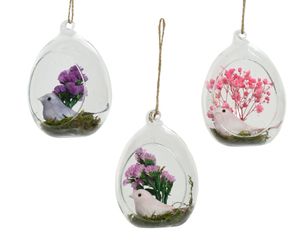 Glaskugel zum Aufhängen mit Trockenblumen und Vogel 10,5cm 1 Stück