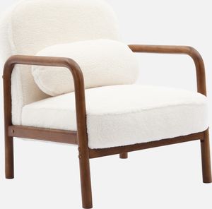 sweeek - Skandinavischer Sessel aus nussbaumfarbenem Hevea-Holz und Kunstpelzstoff - Creme