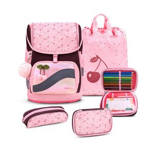 Belmil Premium ergonomischer Schulranzen Set 5 -teilig für Mädchen 1-4 Klasse Grundschule/Brustgurt, Hüftgurt/Magnetverschluss/sonstige Muster/Rosa (405-51/P Cherry Blossom)