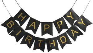 Geburtstag Deko Girlande | Happy Birthday Flagge | Schwarz mit goldenen Buchstaben