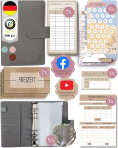 BeginnerBudget® Budget Planner Deutsch A6 Glattleder (Grau) - Starterset Sparchallenge Budgetplaner, Sparen mit Umschlagmethode Ringbuch + Anleitung