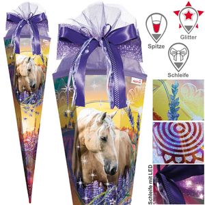 Roth Schultüte 85 cm Mädchen Komplett-Set, Motiv / Ausführung:Pferde Träume Schleife LED Glitter Spitze