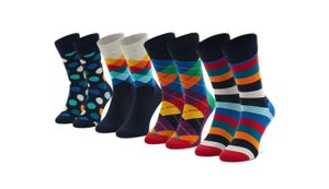 Happy Socks Classic Navy Geschenk Box 4 Paar Socken 4 Paar bunte Socken in einer Geschenkbox, Jedes Paar zeigt unterschiedliche Muster und Farben, Gestrickt aus gekämmter Baumwolle