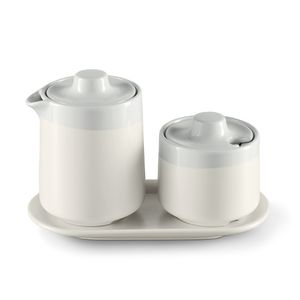 Tchibo Kaffeezubehör, Milch und Zucker-Set, Milchkännchen, Zuckertopf, Tablett, Porzellan, weiß
