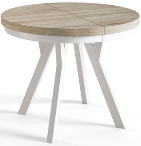 Runder Esszimmertisch EVO, ausziehbarer Tisch Durchmesser:120 cm bis 220 cm, Wohnzimmertisch Farbe: SONOMA, mit Holzbeinen in Farbe Weiß