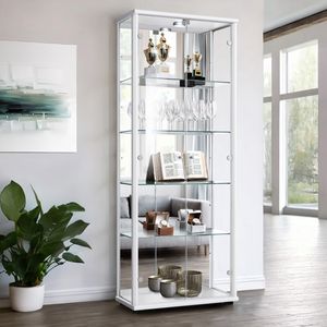 K-Möbel Glasvitrine stehend in Weiss (176x67x33 cm) mit 4 höhenverstellbaren Glasböden, Spiegel, Schloss & LED - Standvitrine - Vitrinenschrank